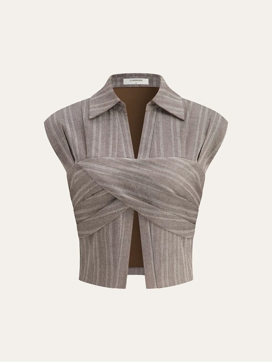 Commense Tops - Commense Linen Blend Cropped Blouse with Cross Wrap Detail